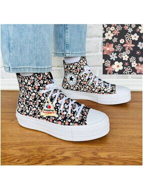 ⭐Converse Ctas Lift Platform Hi Sz 7.5 Women Shoes Flowers Sneaker Black A14264C